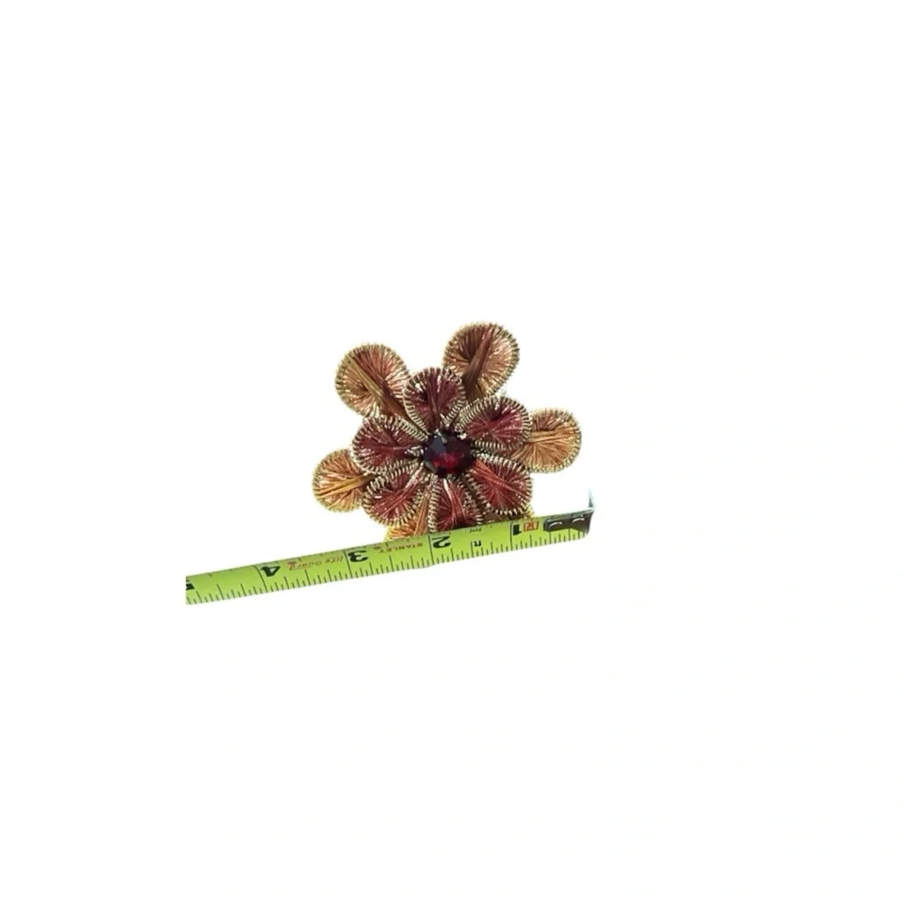 Pier 1 Four Golden and Deep Red Textured Flower Sparkly Stone Napkin Rings NWTs